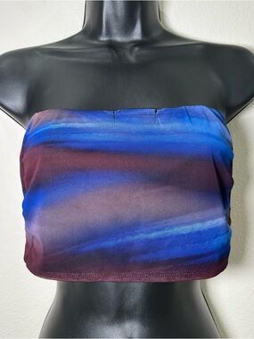 PrettyLittleThing Blue Purple Mesh Bandeau Halter Tie Back Crop Top Y2K Sheer